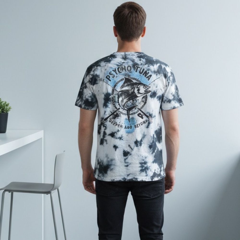 NWOT Psycho Tuna Black White Tie Dye Short Sleeve Graphic Tee Shirt Deep Sea - M